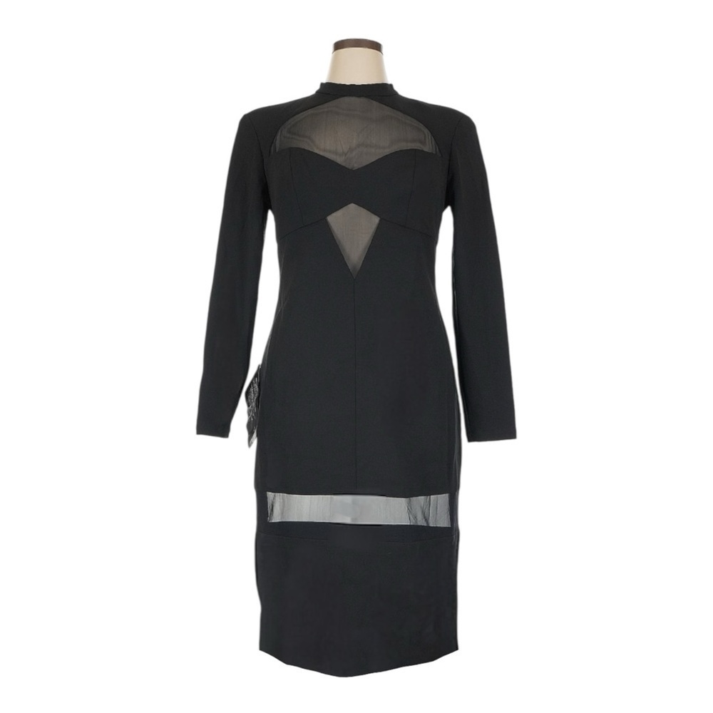 BCBGMAXAZRIA Georgiana Illusion Midi Dress Black Mesh Cutout L/S Bodycon 16 NWT
